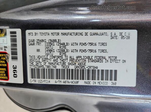 3TYSZ5AN5LT001740 2020 TOYOTA TACOMA Charcoal Engine compartment view