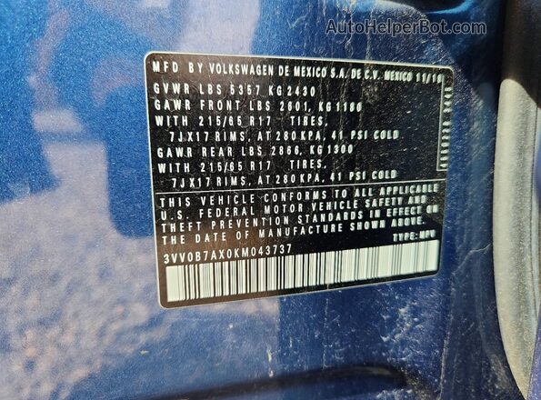 3VV0B7AX0KM043737 2019 VOLKSWAGEN TIGUAN Blue Widok wnętrza 360 stopni