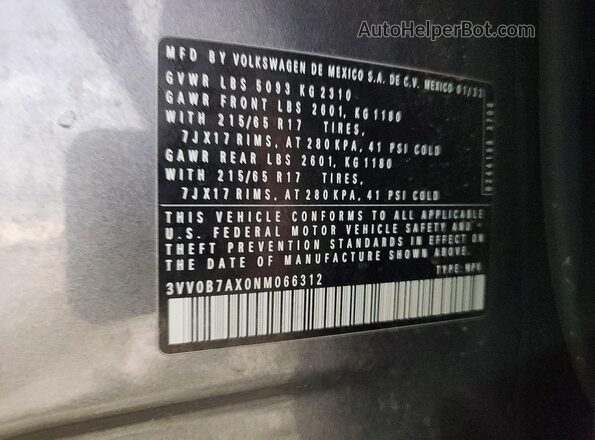 3VV0B7AX0NM066312 2022 VOLKSWAGEN TIGUAN Gray VIN კოდის სტიკერის ხედი