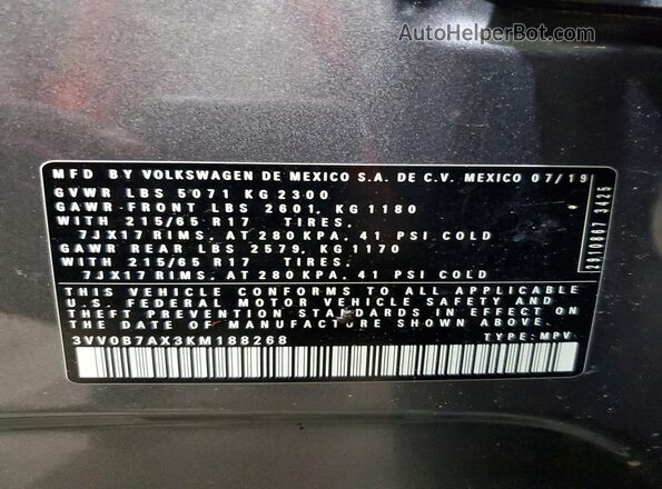 3VV0B7AX3KM188268 2019 VOLKSWAGEN TIGUAN Gray Vista de la etiqueta del VIN