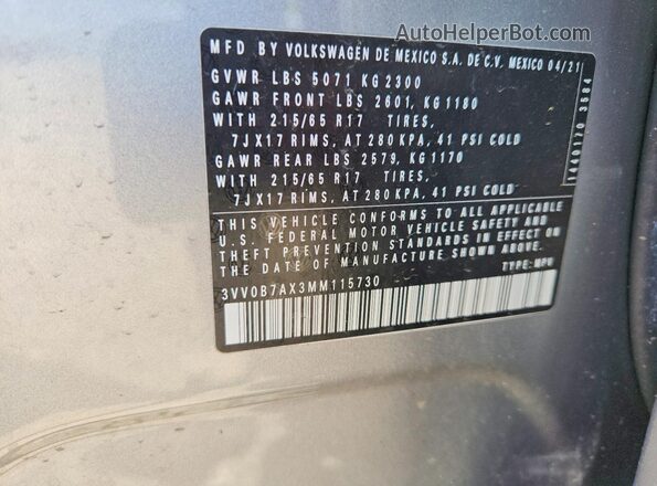 3VV0B7AX3MM115730 2021 VOLKSWAGEN TIGUAN Silver Widok wnętrza 360 stopni