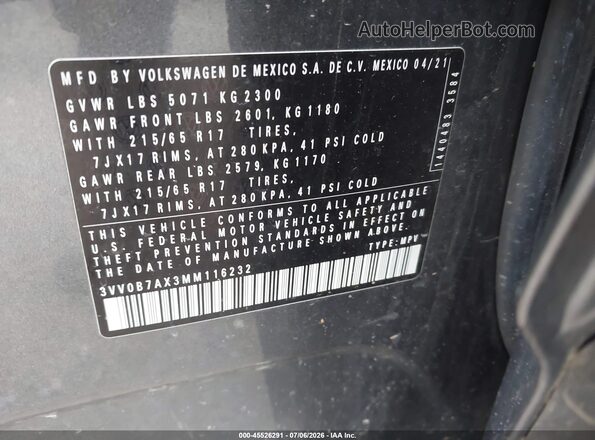 3VV0B7AX3MM116232 2021 VOLKSWAGEN TIGUAN Серый Вид подкапотного пространства