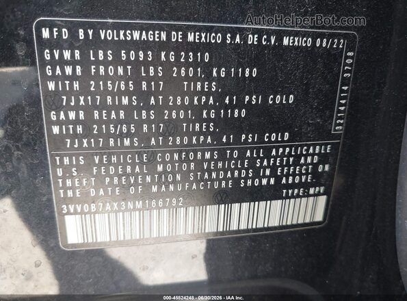 3VV0B7AX3NM166792 2022 VOLKSWAGEN TIGUAN Black Вид підкапотного простору