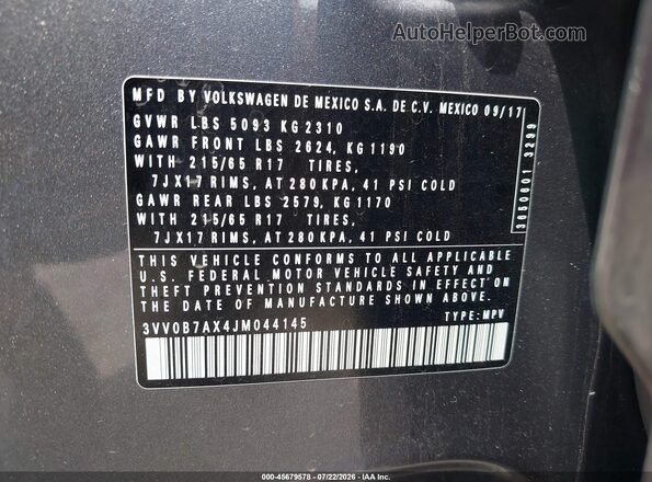 3VV0B7AX4JM044145 2018 VOLKSWAGEN TIGUAN Gray Շարժիչի բաժամունքի տեսք