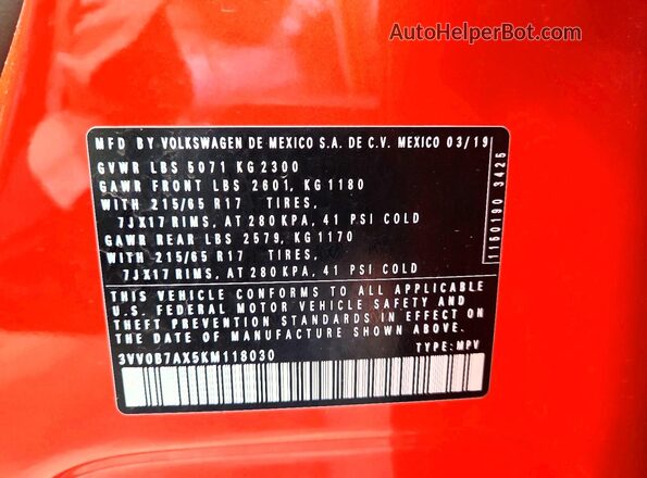3VV0B7AX5KM118030 2019 VOLKSWAGEN TIGUAN Orange 360 interior view