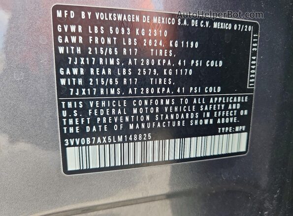 3VV0B7AX5LM148825 2020 VOLKSWAGEN TIGUAN Gray Вид наклейки з VIN-кодом