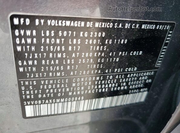 3VV0B7AX5MM000949 2021 VOLKSWAGEN TIGUAN Gray Vista de la etiqueta del VIN