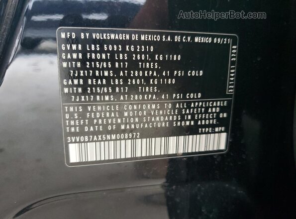3VV0B7AX5NM008972 2022 VOLKSWAGEN TIGUAN Black Vista interior de 360 grados