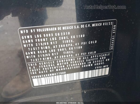 3VV0B7AX6NM077900 2022 VOLKSWAGEN TIGUAN Black ძრავის განყოფილების ხედი