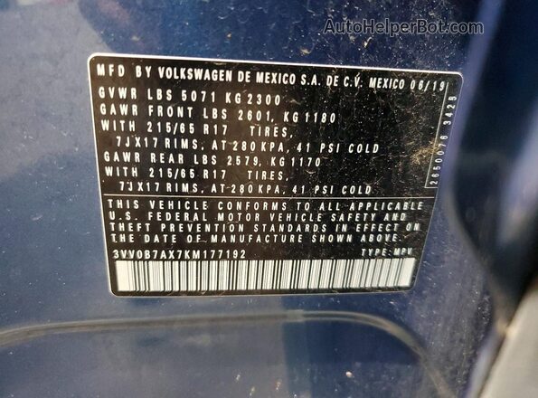 3VV0B7AX7KM177192 2019 VOLKSWAGEN TIGUAN Синий Панорамный вид салона 360°