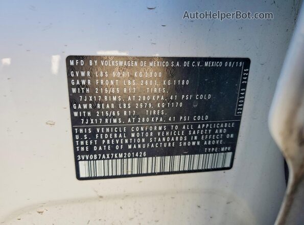3VV0B7AX7KM201426 2019 VOLKSWAGEN TIGUAN White Vista de la etiqueta del VIN