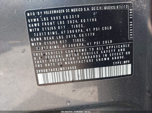 3VV0B7AX8JM014968 2018 VOLKSWAGEN TIGUAN Gray Widok komory silnika