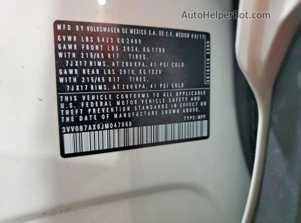 3VV0B7AX8JM047968 2018 VOLKSWAGEN TIGUAN Белый Вид наклейки с VIN-кодом