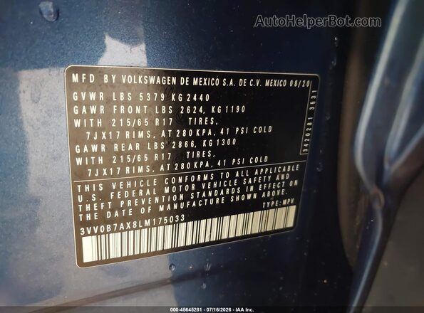 3VV0B7AX8LM175033 2020 VOLKSWAGEN TIGUAN Синий Вид подкапотного пространства