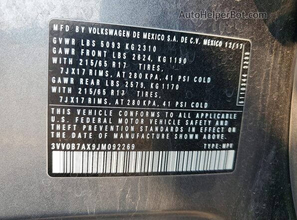 3VV0B7AX9JM092269 2018 VOLKSWAGEN TIGUAN Gray Вид наклейки з VIN-кодом