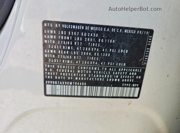 3VV0B7AX9KM194480 2019 VOLKSWAGEN TIGUAN White Вид наклейки з VIN-кодом