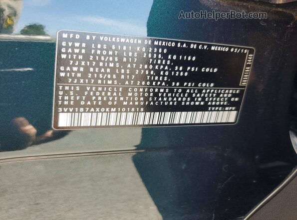 3VV1B7AX0KM101818 2019 VOLKSWAGEN TIGUAN Green VIN კოდის სტიკერის ხედი
