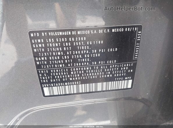 3VV1B7AX0LM008962 2020 VOLKSWAGEN TIGUAN Gray Շարժիչի բաժամունքի տեսք