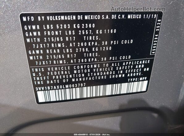 3VV1B7AX0LM063797 2020 VOLKSWAGEN TIGUAN Silver Вид підкапотного простору