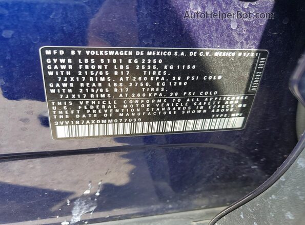 3VV1B7AX0MM077099 2021 VOLKSWAGEN TIGUAN Blue VIN կոդի պիտակի տեսք