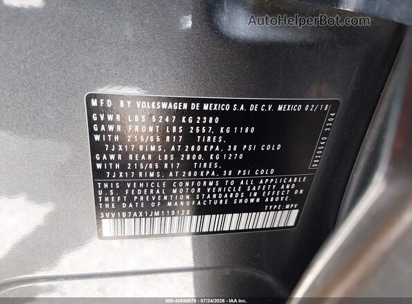 3VV1B7AX1JM119128 2018 VOLKSWAGEN TIGUAN Gray Engine compartment view