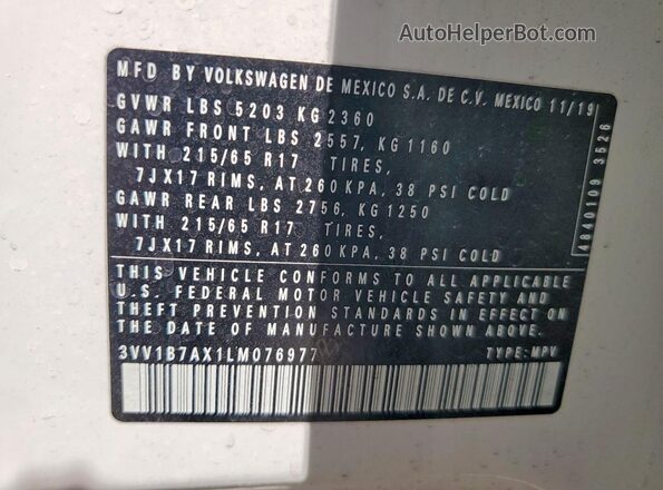 3VV1B7AX1LM076977 2020 VOLKSWAGEN TIGUAN White VIN sticker view