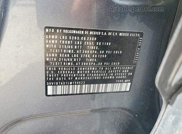 3VV1B7AX1LM134523 2020 VOLKSWAGEN TIGUAN Gray Vista de la etiqueta del VIN