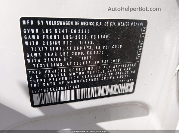 3VV1B7AX2JM111765 2018 VOLKSWAGEN TIGUAN White ძრავის განყოფილების ხედი