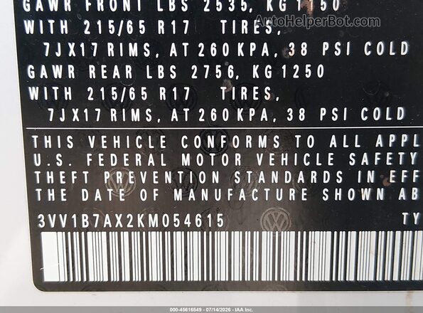3VV1B7AX2KM054615 2019 VOLKSWAGEN TIGUAN White Вид підкапотного простору