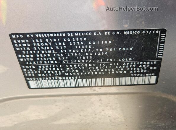 3VV1B7AX2KM088084 2019 VOLKSWAGEN TIGUAN Silver Панорамний вид салону 360°