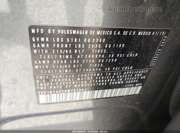 3VV1B7AX3KM181941 2019 VOLKSWAGEN TIGUAN Gray Вид підкапотного простору
