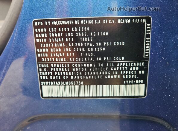 3VV1B7AX3LM059758 2020 VOLKSWAGEN TIGUAN Blue Vista de la etiqueta del VIN