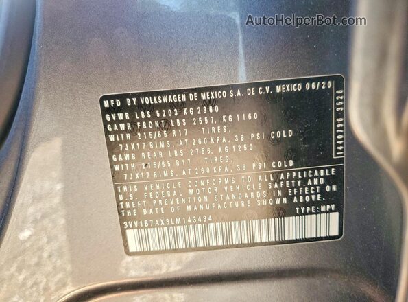3VV1B7AX3LM143434 2020 VOLKSWAGEN TIGUAN Синий Вид подкапотного пространства