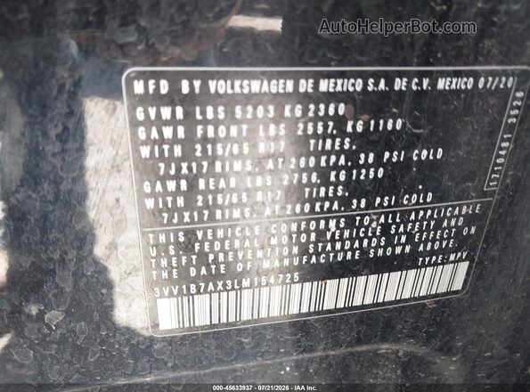 3VV1B7AX3LM154725 2020 VOLKSWAGEN TIGUAN Black Vista del compartimento del motor