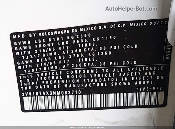 3VV1B7AX3NM083710 2022 VOLKSWAGEN TIGUAN White Engine compartment view