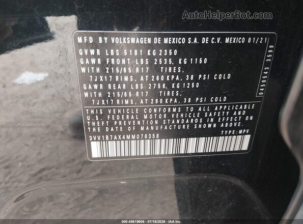 3VV1B7AX4MM076358 2021 VOLKSWAGEN TIGUAN Black Vista del compartimento del motor
