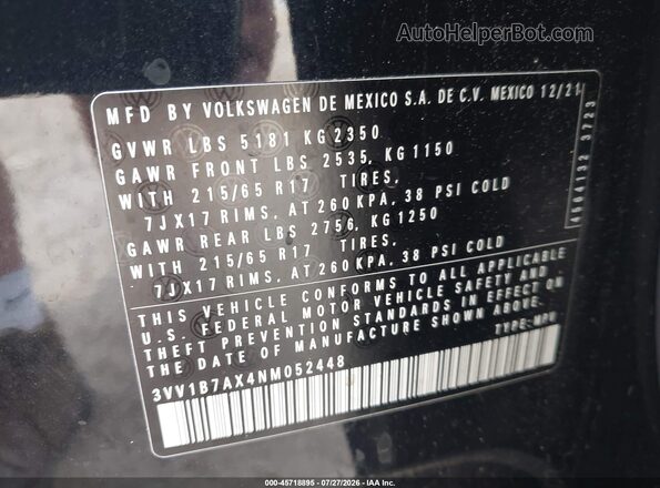 3VV1B7AX4NM052448 2022 VOLKSWAGEN TIGUAN Black Vista del compartimento del motor
