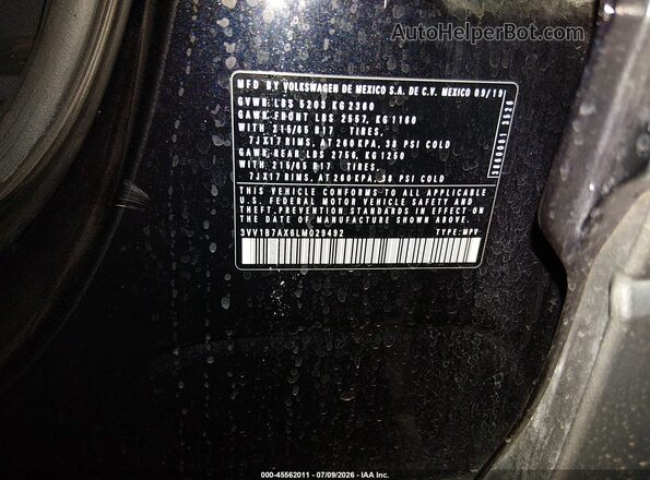 3VV1B7AX6LM029492 2020 VOLKSWAGEN TIGUAN Black Widok komory silnika