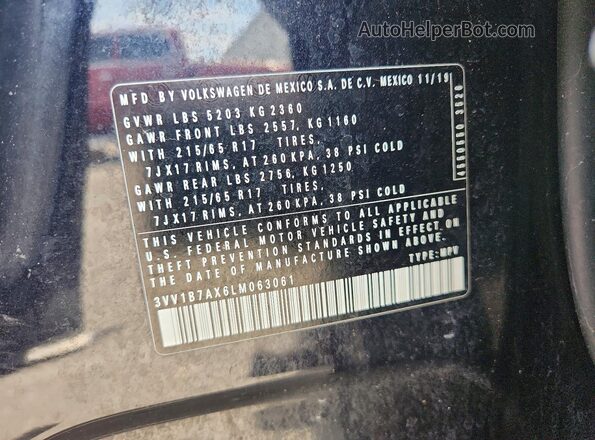 3VV1B7AX6LM063061 2020 VOLKSWAGEN TIGUAN Black VIN კოდის სტიკერის ხედი