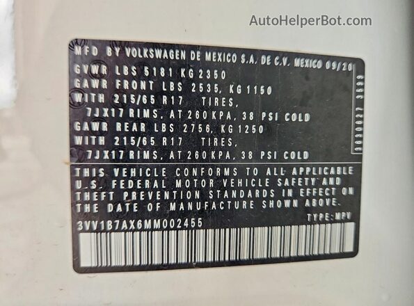 3VV1B7AX6MM002455 2021 VOLKSWAGEN TIGUAN White Vista de la etiqueta del VIN