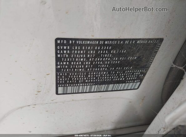 3VV1B7AX6NM098007 2022 VOLKSWAGEN TIGUAN White Engine compartment view
