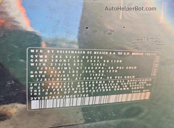3VV1B7AX7JM087740 2018 VOLKSWAGEN TIGUAN Black Widok naklejki z numerem VIN