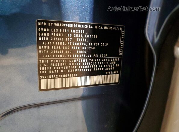 3VV1B7AX7KM079218 2019 VOLKSWAGEN TIGUAN Blue 360 interior view