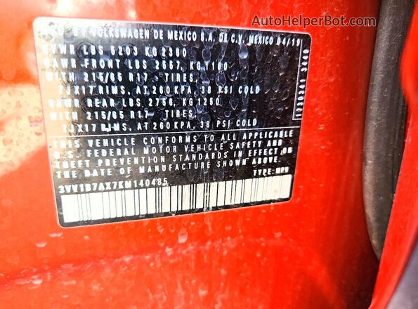 3VV1B7AX7KM140485 2019 VOLKSWAGEN TIGUAN Orange Widok naklejki z numerem VIN