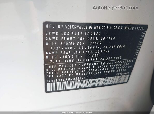 3VV1B7AX7MM032273 2021 VOLKSWAGEN TIGUAN White Շարժիչի բաժամունքի տեսք