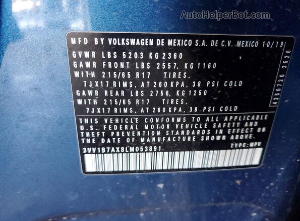 3VV1B7AX8LM053891 2020 VOLKSWAGEN TIGUAN Blue Widok naklejki z numerem VIN