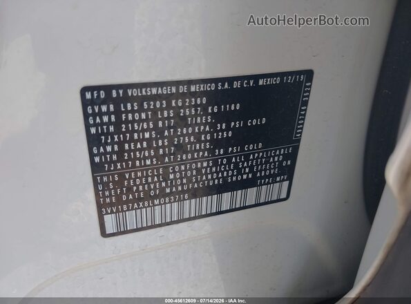 3VV1B7AX8LM083716 2020 VOLKSWAGEN TIGUAN White Engine compartment view