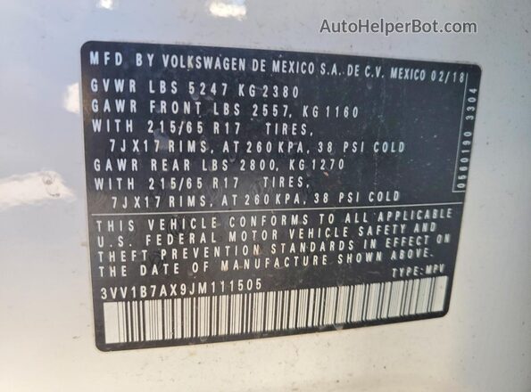 3VV1B7AX9JM111505 2018 VOLKSWAGEN TIGUAN White Vista de la etiqueta del VIN
