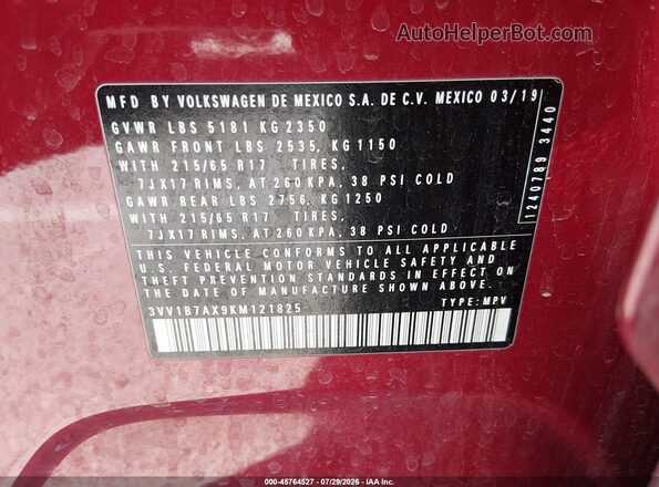 3VV1B7AX9KM121825 2019 VOLKSWAGEN TIGUAN Red Շարժիչի բաժամունքի տեսք