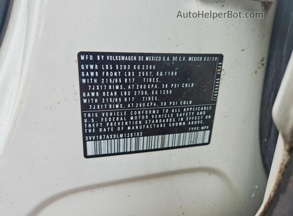 3VV1B7AX9LM128193 2020 VOLKSWAGEN TIGUAN White Вид наклейки з VIN-кодом